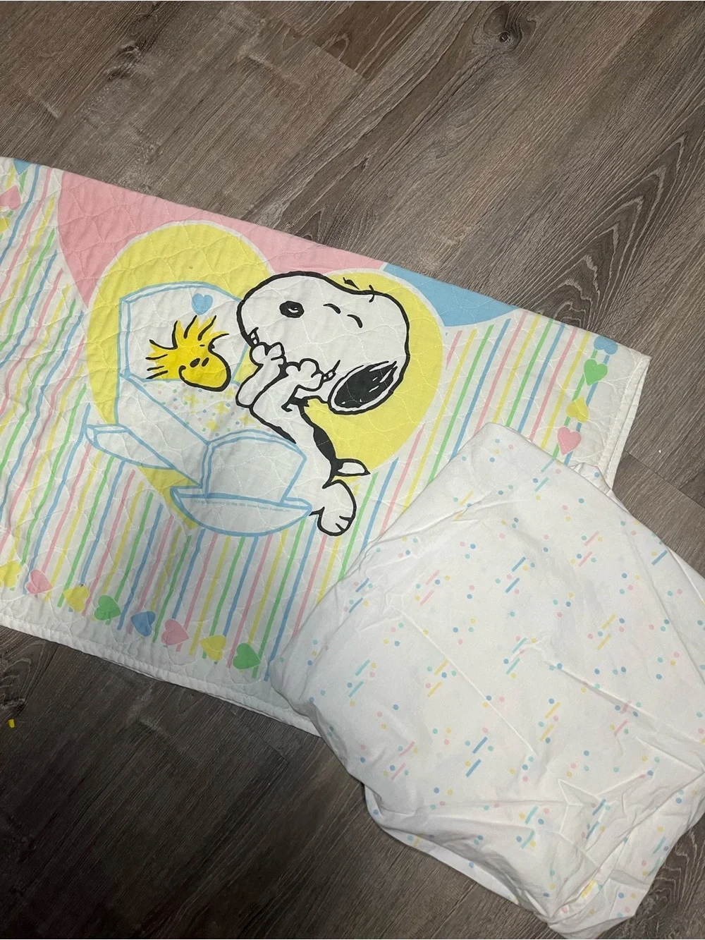 Vintage 1958 Baby Snoopy Woodstock Crib Quilted Blanket & Sheet Set Pastel Heart